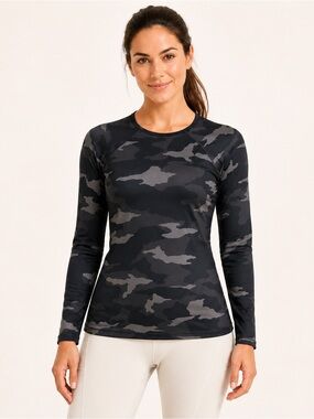 Athleta Shadow Camo Performance Long Sleeve Top Black Gray Athletic Shirt Size M